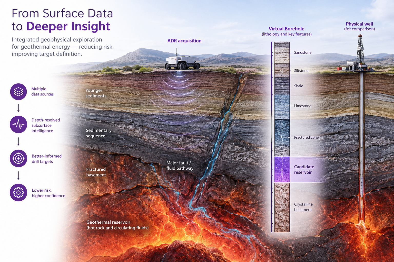 Geothermal exploration cutaway showing ADR surface acquisition, geological layers, fault and fluid pathway, candidate reservoir, Virtual Borehole and physical well comparison